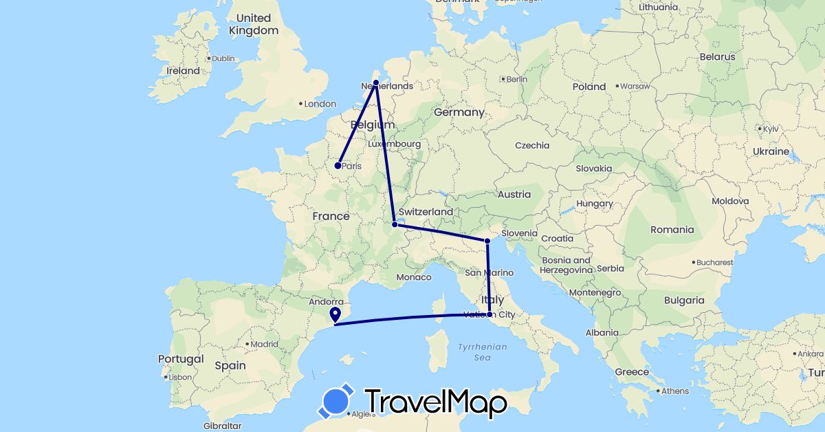 TravelMap itinerary: driving in Switzerland, Spain, France, Italy, Netherlands (Europe)